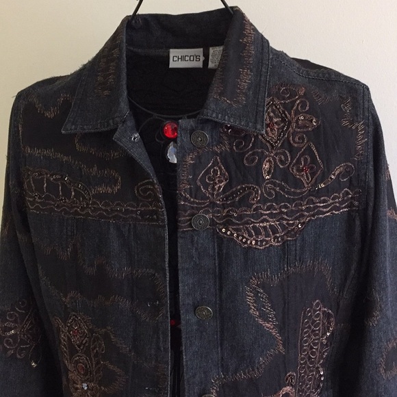 Black Denim Jean Embroidered Rhinestone Jacket M? - Picture 4 of 8